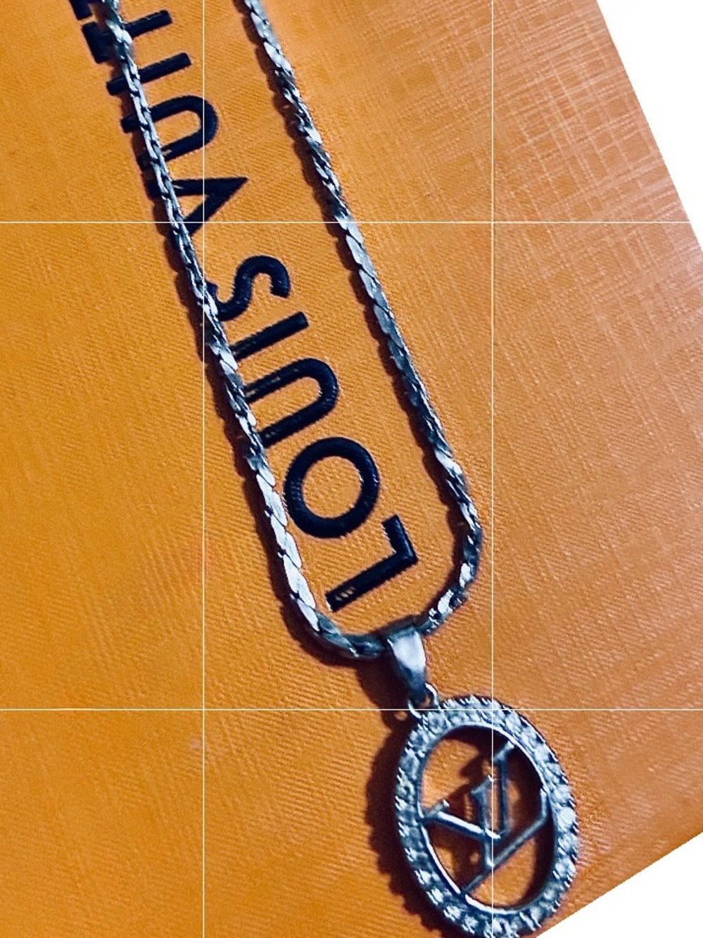 Silver Crystal-Trim Oval LV Pendant Necklace